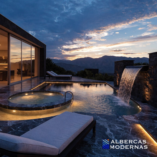Alberca Moderna Signature con jacuzzi y cascada — imagen ilustrativa